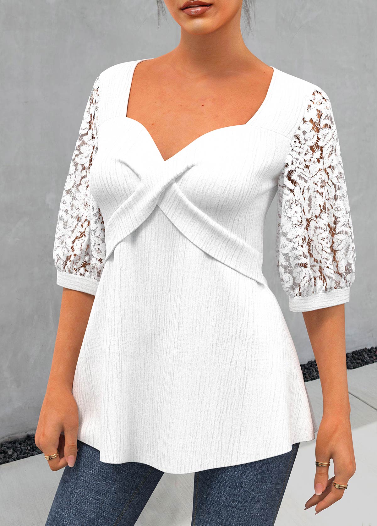 White Lace Patchwork 3/4 Sleeve Sweetheart Neckline Blouse