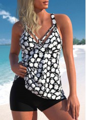 Daisy Print Cross Strap Black Tankini Set
