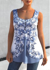 Dusty Blue Faux Two Piece Floral Print Tank Top