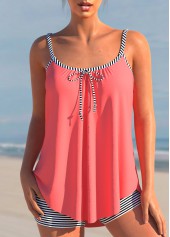 Striped Bowknot Coral Red Tankini Set
