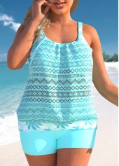 Plus Size Lace Stitching Leaf Print Cyan Tankini Set