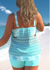 Plus Size Lace Stitching Leaf Print Cyan Tankini Set | thumb picture 