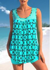 Geometric Print Cyan Fishnet Panel Tankini Top