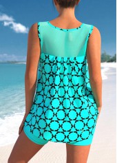 Geometric Print Cyan Fishnet Panel Tankini Top-No Bottom | picture 2