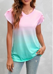 Pink Ombre Short Sleeve V Neck T Shirt