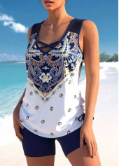 Tribal Print Navy Blue Cross Strap Tankini Set | thumb picture 