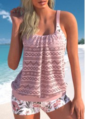 Floral Print Light Pink Lace Hollow Out Tankini Set