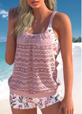 Floral Print Light Pink Lace Hollow Out Tankini Set | thumb picture 