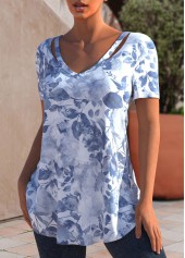 Floral Tie Dye Print Cutout Dusty Blue T Shirt | thumb picture 