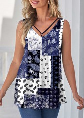 Navy Blue Paisley Print Ring Detail Tank Top | thumb picture 