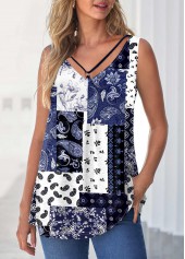 Navy Blue Paisley Print Ring Detail Tank Top