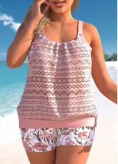 Light Pink Plus Size Floral Print Tankini Set