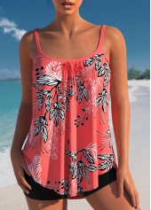 Bowknot Leaf Print Coral Red Tankini Set