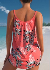 Bowknot Leaf Print Coral Red Tankini Set | thumb picture 