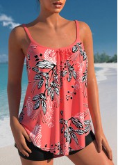 Bowknot Leaf Print Coral Red Tankini Set | thumb picture 