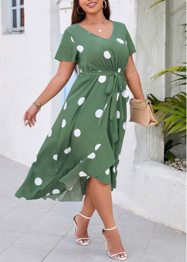Modlily Plus Size Belted Polka Dot Green Dress - 0XL
