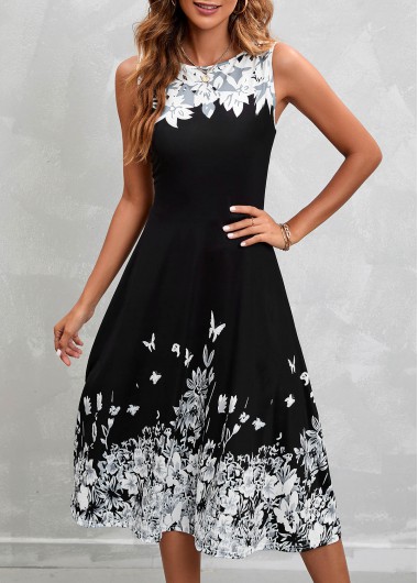 Black Floral Print Sleeveless High Waist Dress  -  2nd 10%, 3rd 20%, 4th 40%