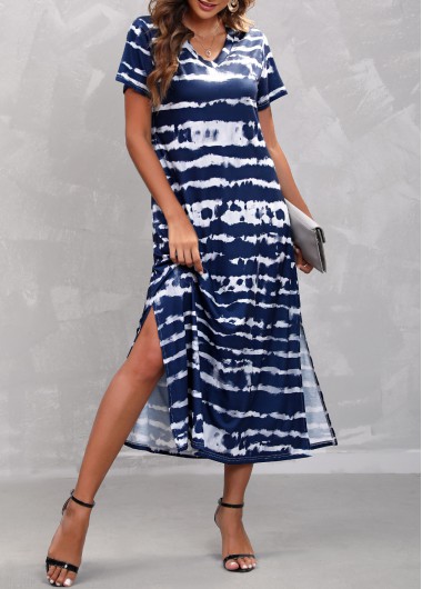 Navy Tie Dye Print Double Slit Dress  -  2nd 10%, 3rd 20%, 4th 40%