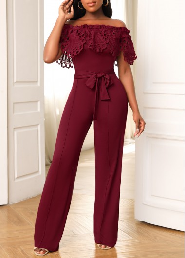 Purple Red Lace Patchwork Belted Off Shoulder Jumpsuit     2nd 10%, 3rd 20%, 4th 40%