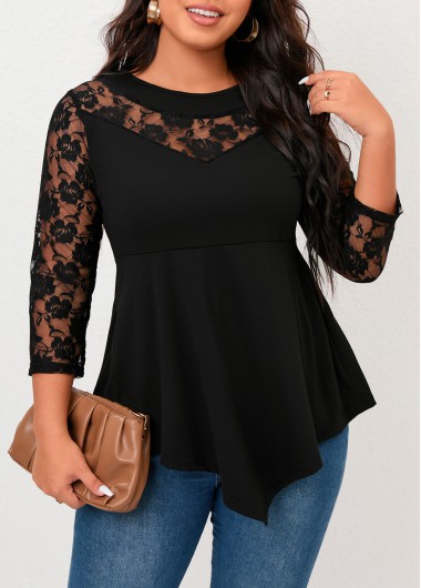 Modlily Plus Size Black Lace Stitching Asymmetric Hem T Shirt - 4XL