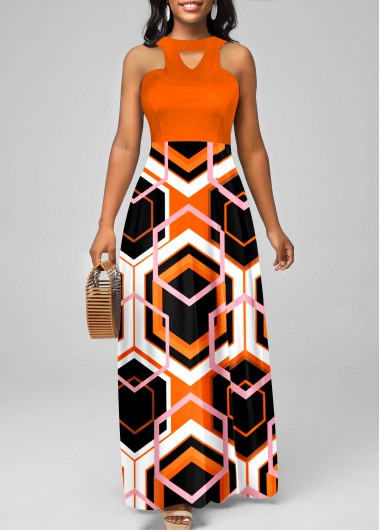 Orange Geometric Print Halter Maxi Dress  -  2nd 10%, 3rd 20%, 4th 40%