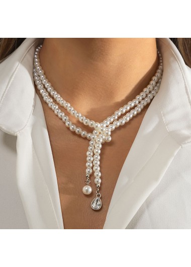 Pearl Design Silver Rhinestone Detail Necklace     