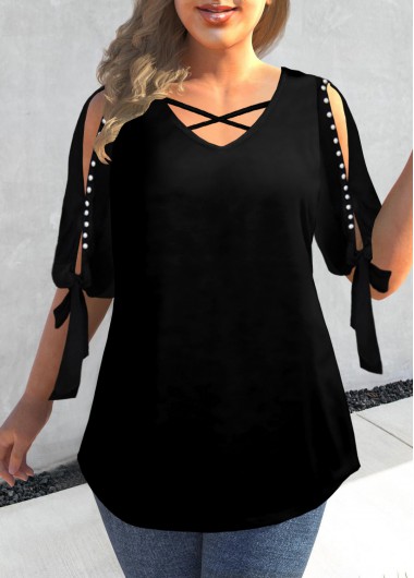 Modlily Plus Size Black Pearl Detail Cold Shoulder T Shirt - 1X