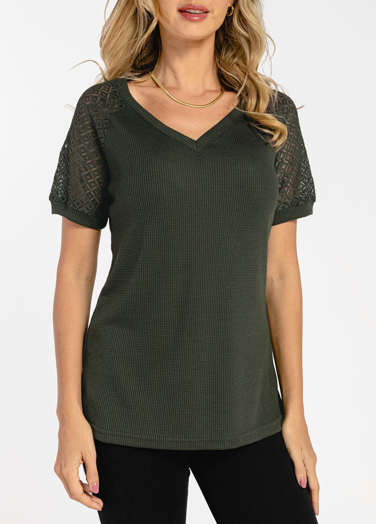 Lace Patchwork Army Green Waffle Knit T Shirt