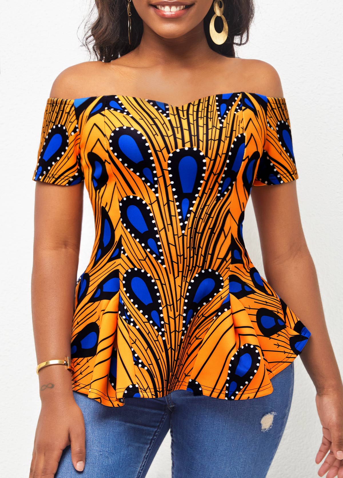 Off Shoulder Ginger Peacock Feather Print T Shirt