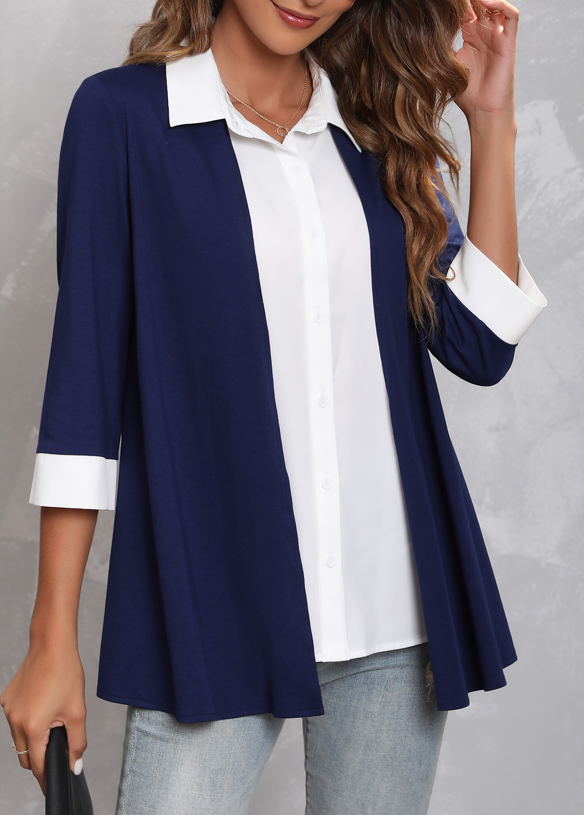 Faux Two Piece Navy Blue Turndown Collar Blouse