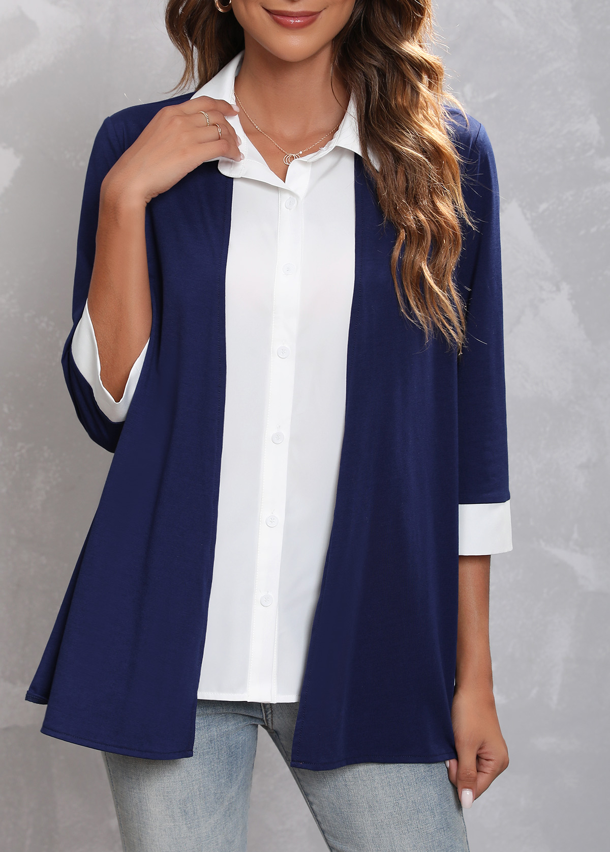 Faux Two Piece Navy Blue Turndown Collar Blouse