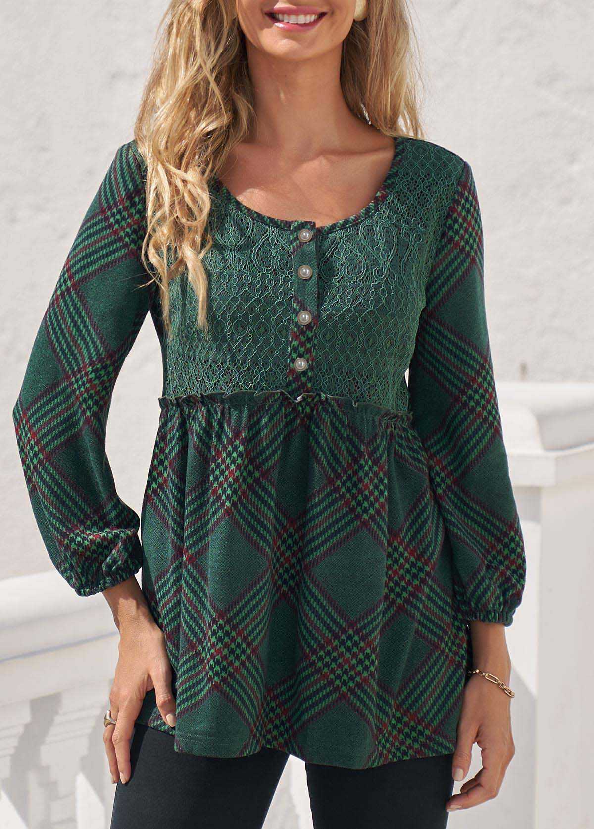 Blackish Green Plaid Stringy Selvedge Lace Stitching Blouse