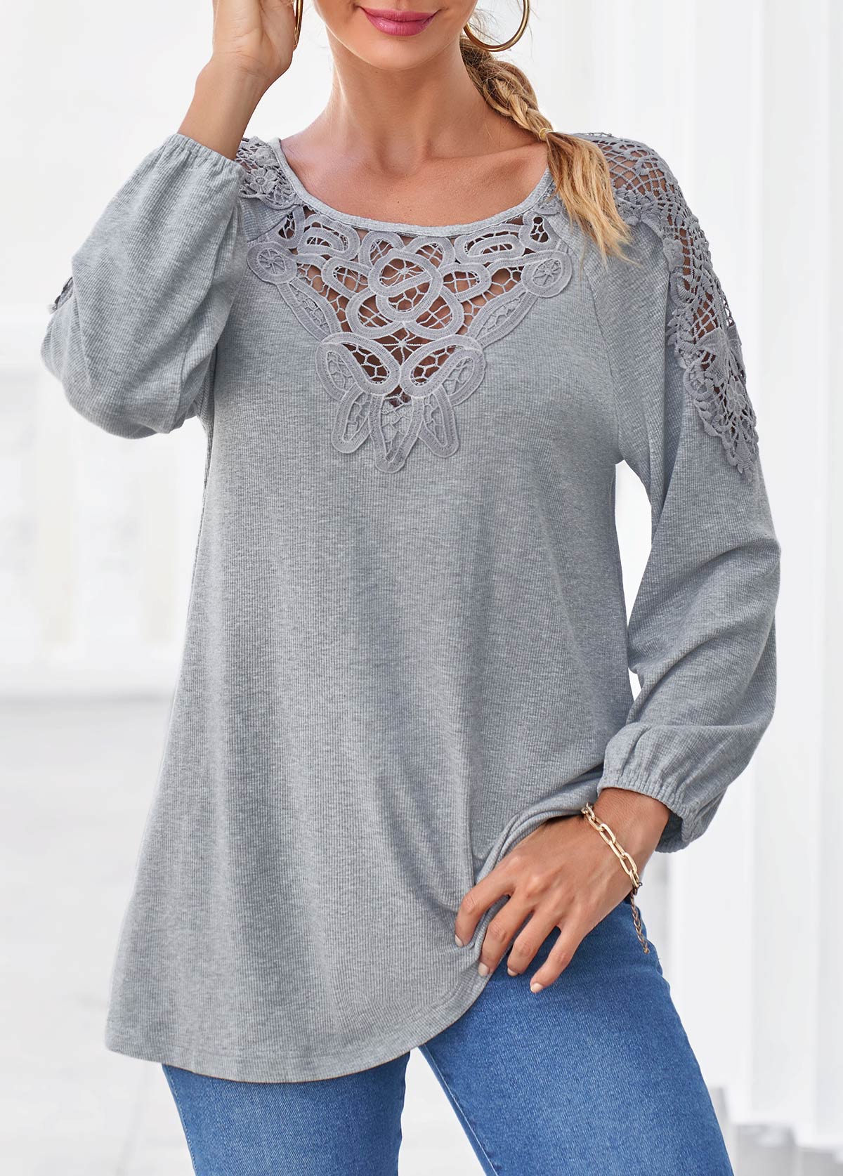 Grey Marl Long Sleeve Lace Panel T Shirt