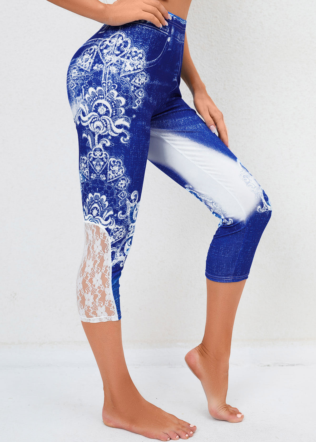 Lace Stitching Tribal Print Denim Blue Pants