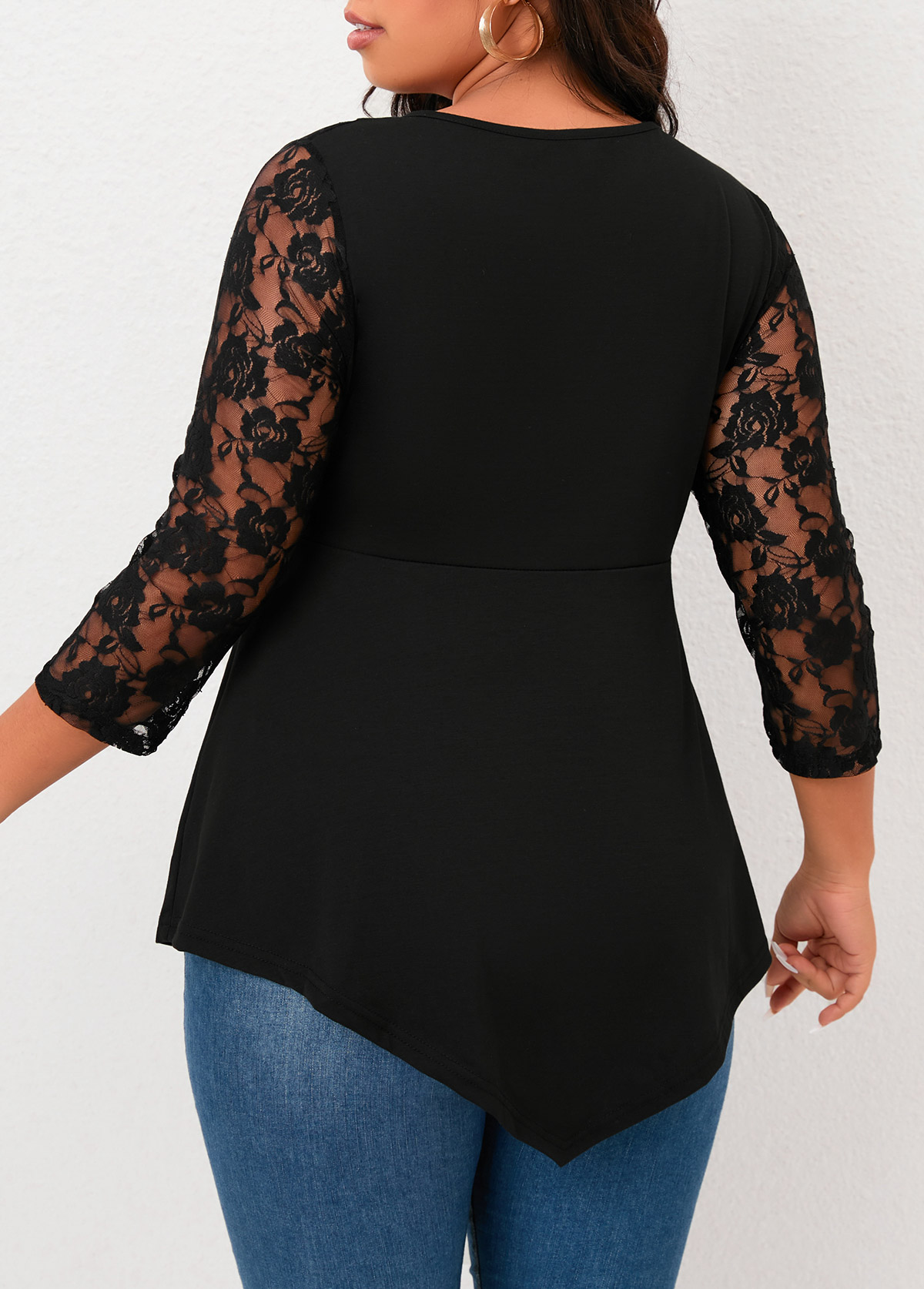 Plus Size Black Lace Stitching Asymmetric Hem T Shirt