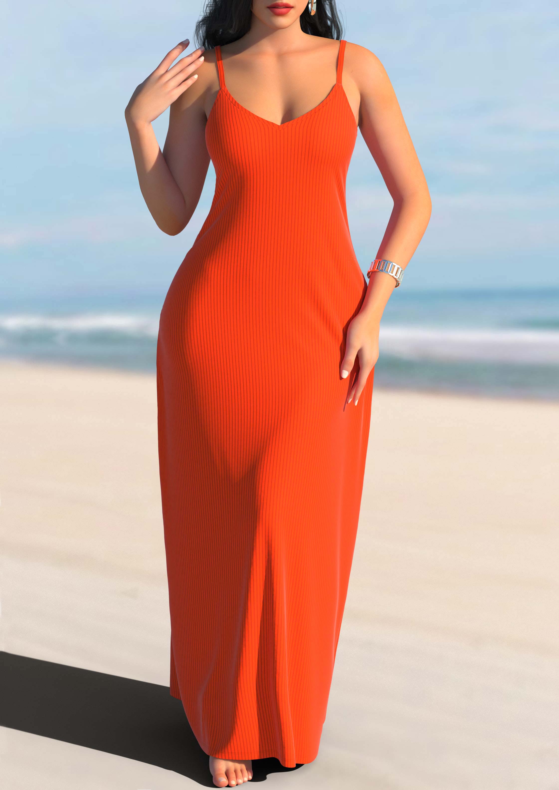 Orange Spaghetti Strap Textured Maxi Dress