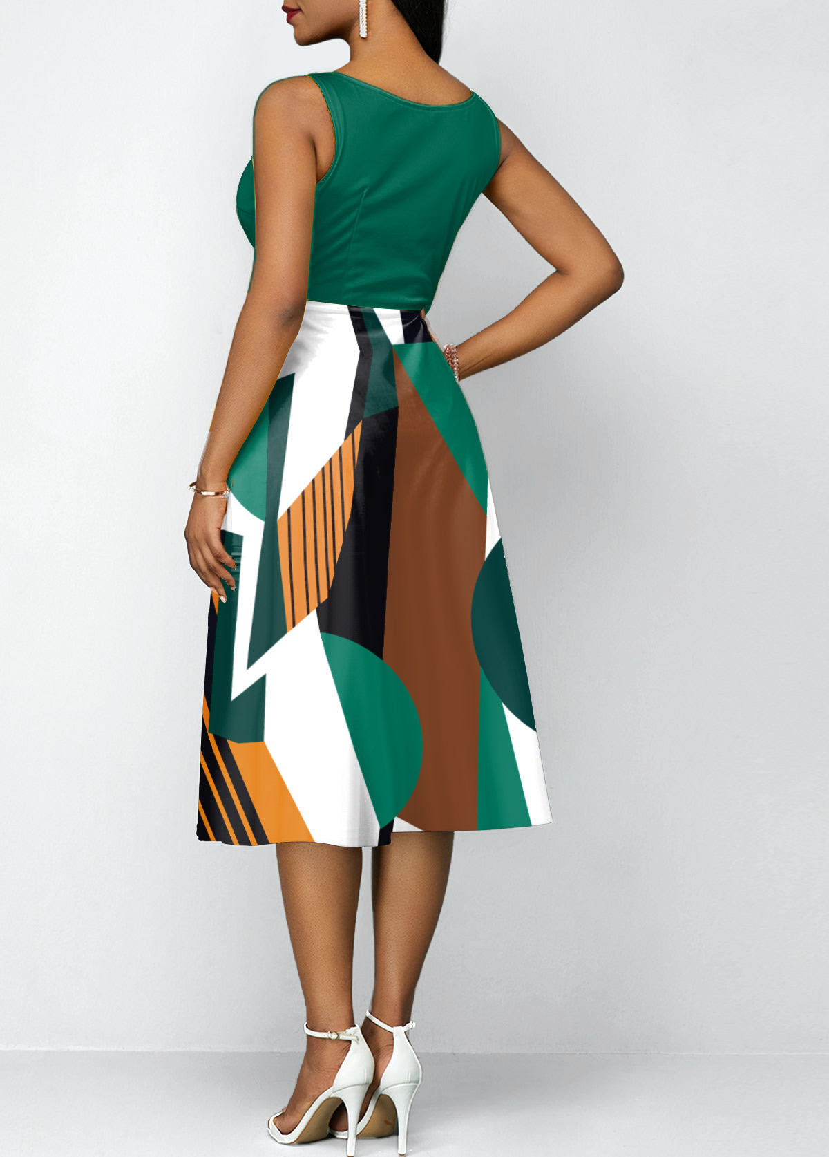 Geometric Print Green V Neck Dress