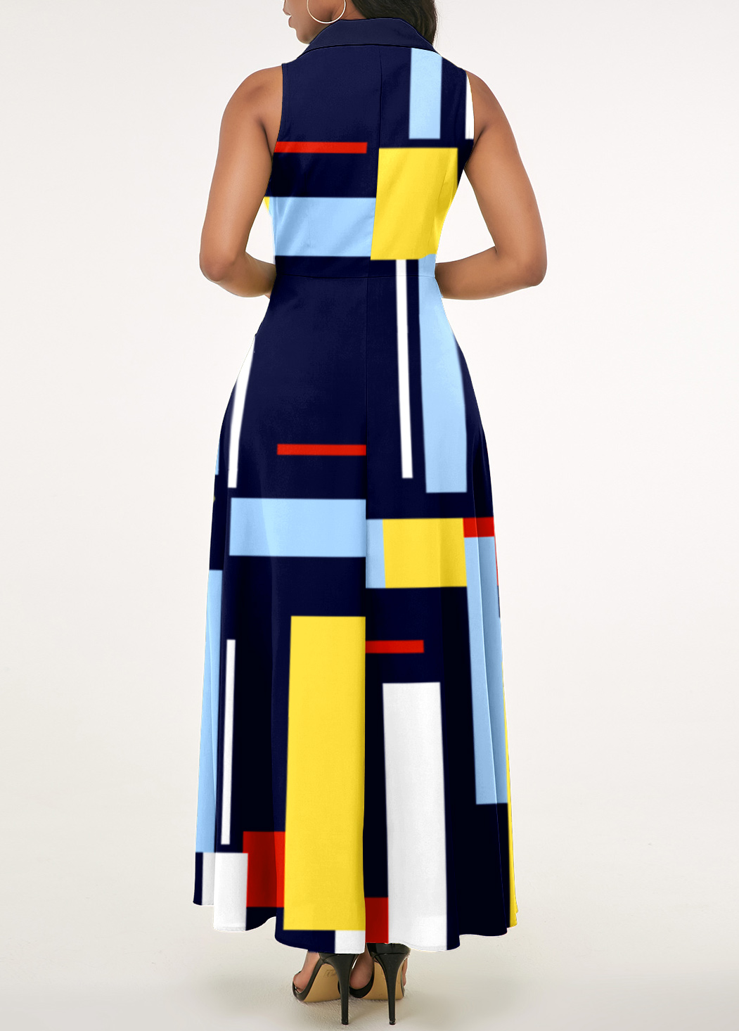 Geometric Print Navy Blue Notch Collar Dress