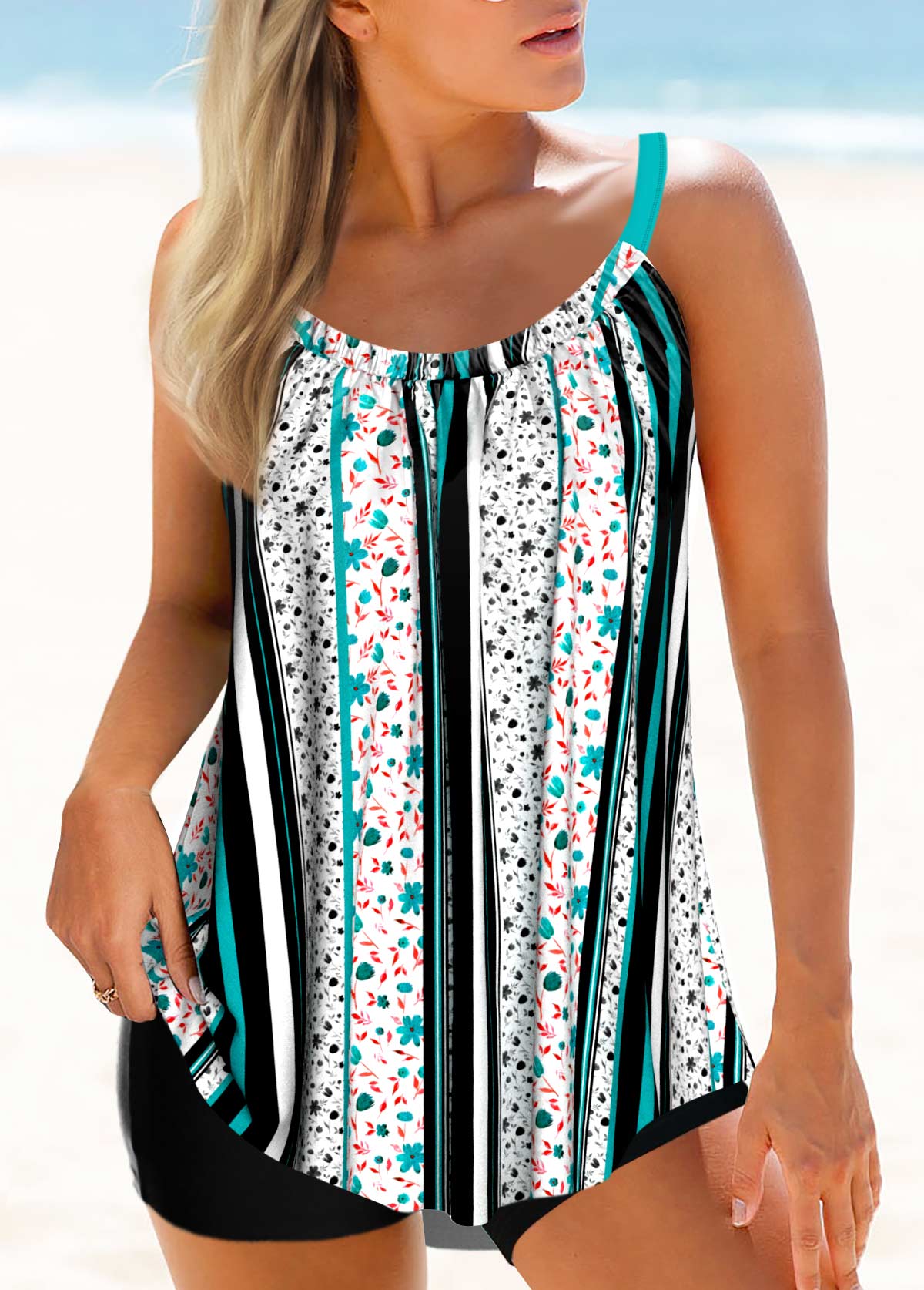 Drawstring Fold Floral Print Multi Color Tankini Top