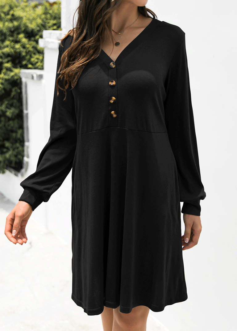 Black Decorative Button Long Sleeve Dress