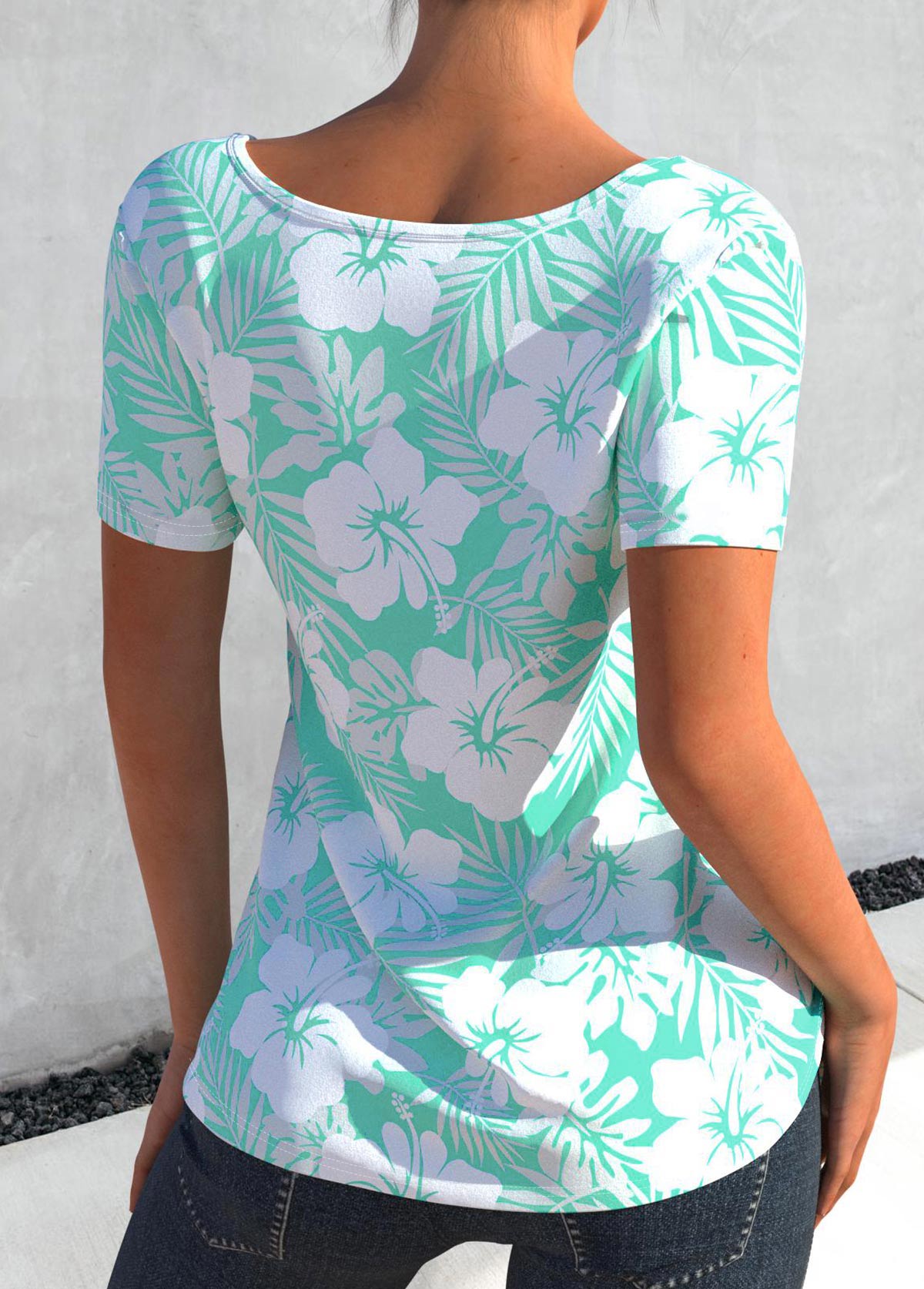 Cyan Keyhole Neckline Floral Print T Shirt