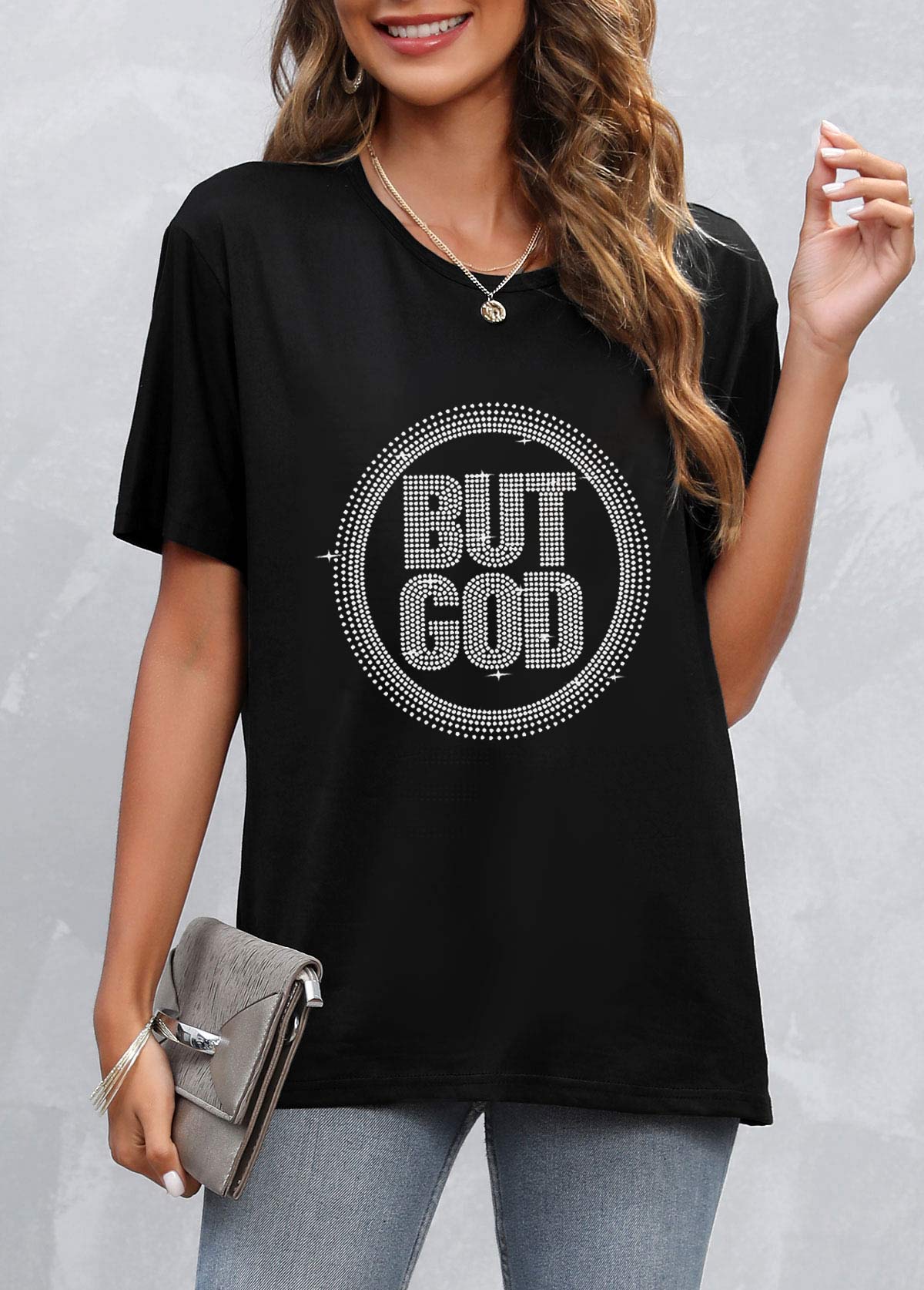 Hot Stamping Letter Black Round Neck T Shirt