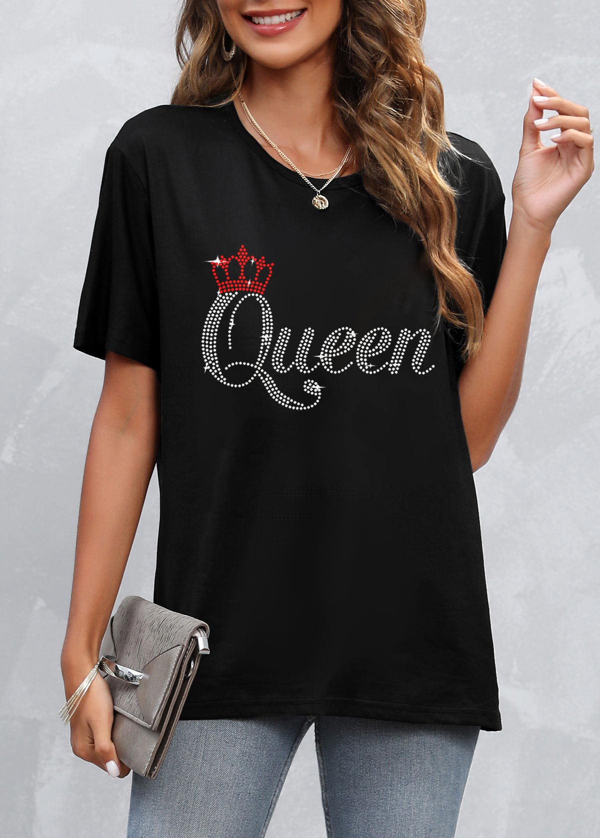 Hot Stamping Letter Black Round Neck T Shirt