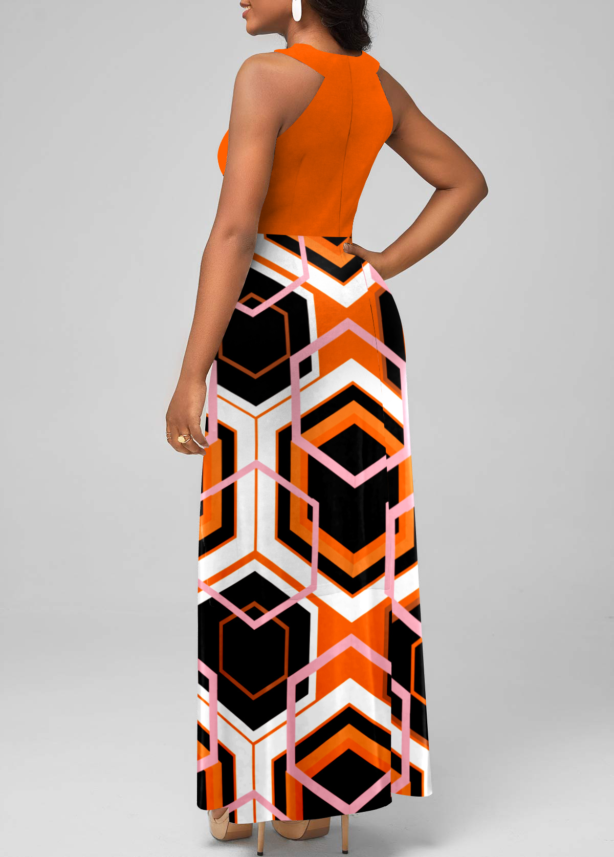 Orange Geometric Print Halter Maxi Dress