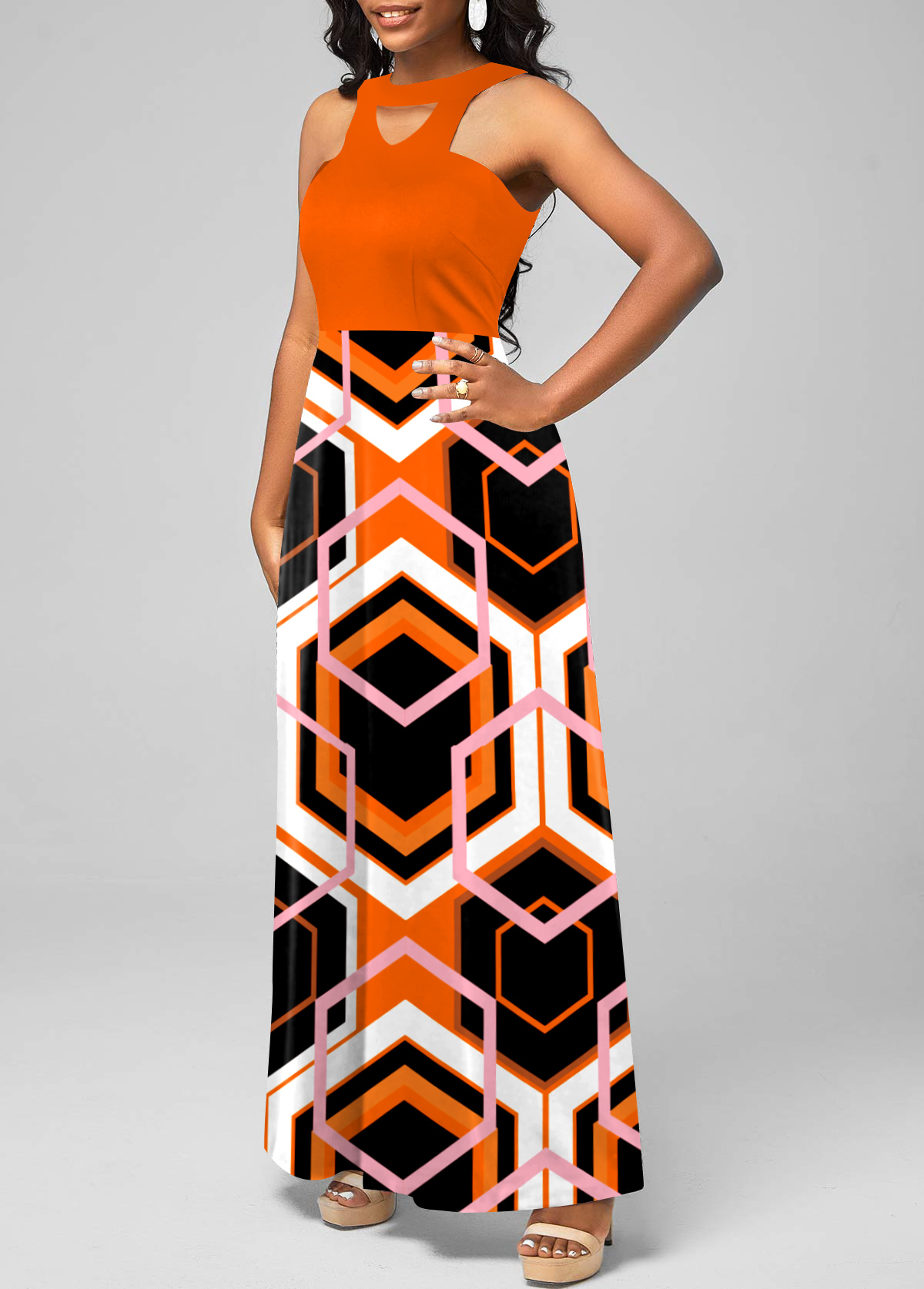 Orange Geometric Print Halter Maxi Dress