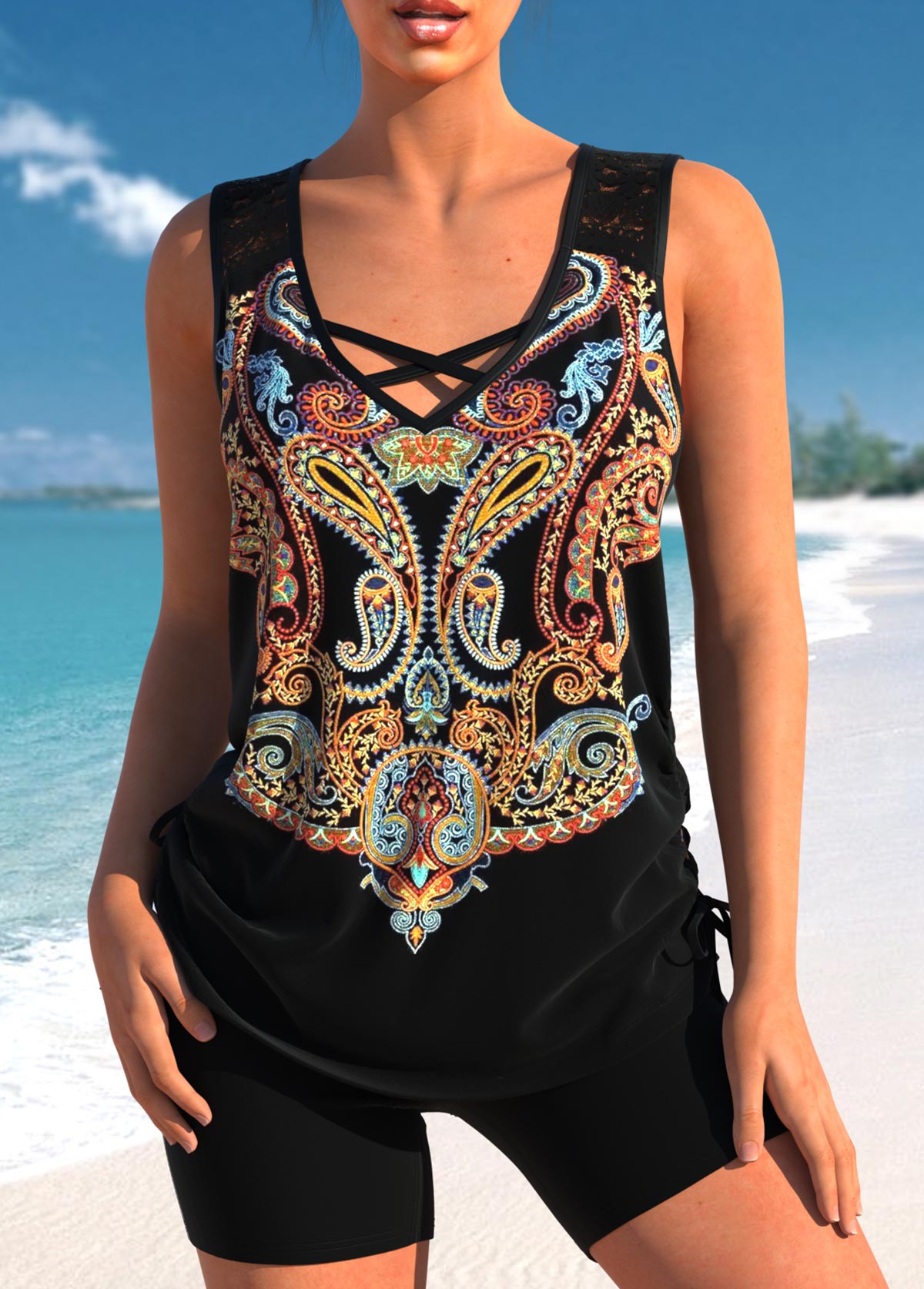 Black Paisley Print Lace Stitching Tankini Set | picture 