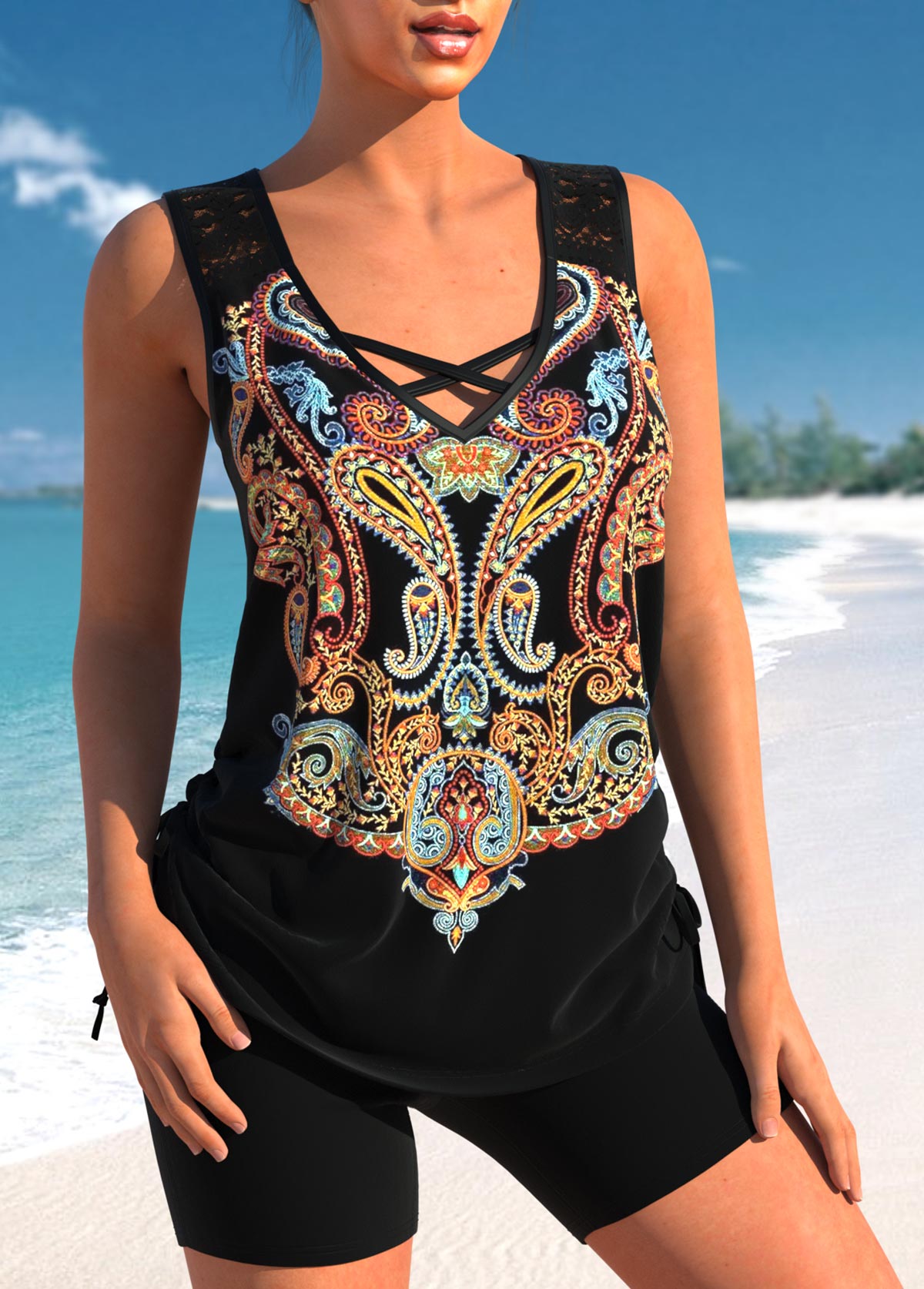 Black Paisley Print Lace Stitching Tankini Set | picture 
