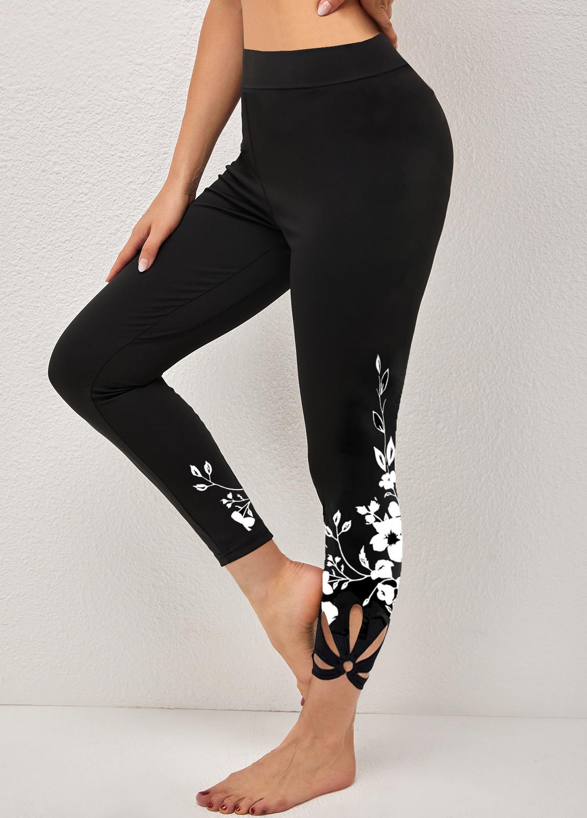 Black Floral Print Cutout Skinny Legging
