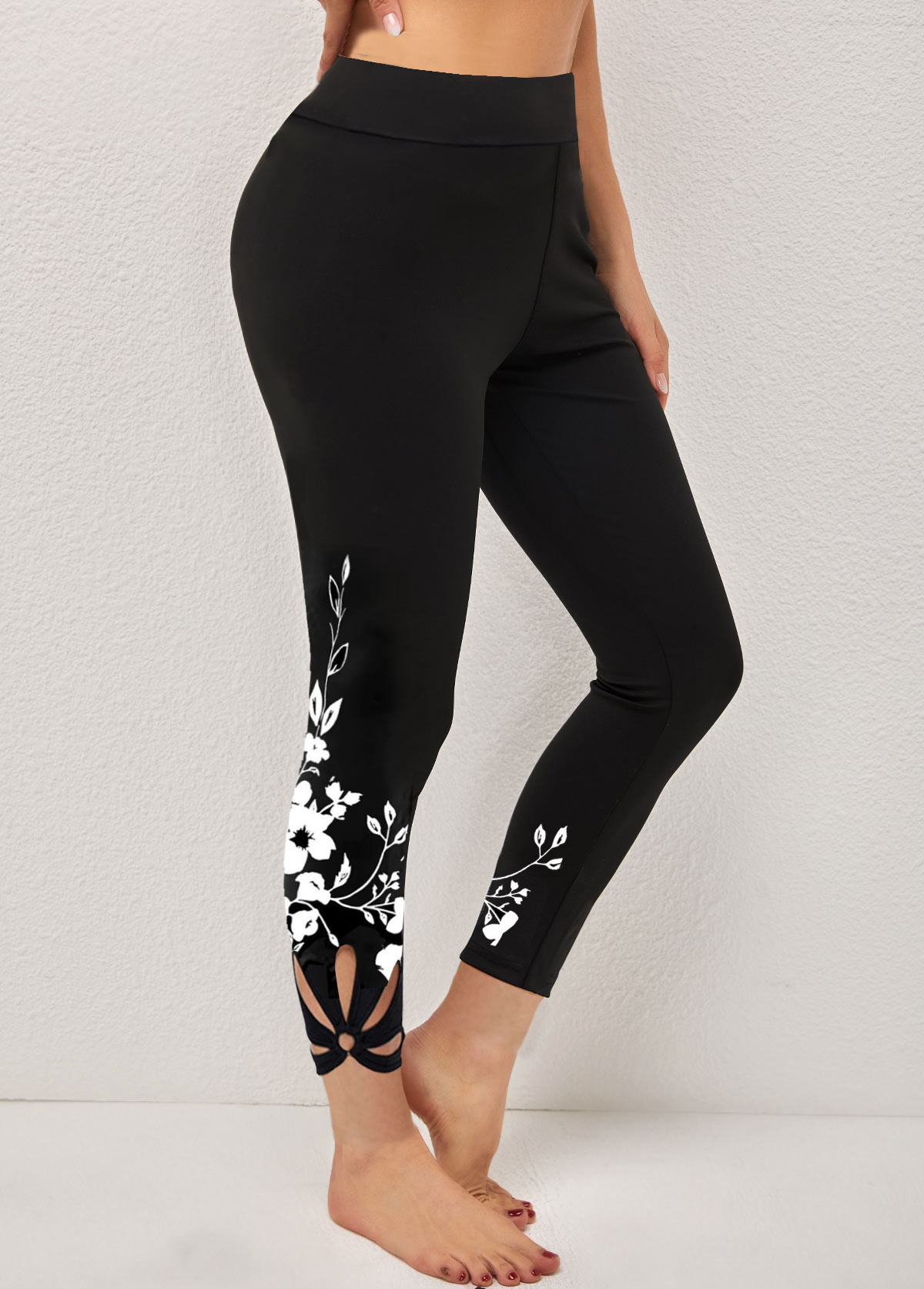 Black Floral Print Cutout Skinny Legging
