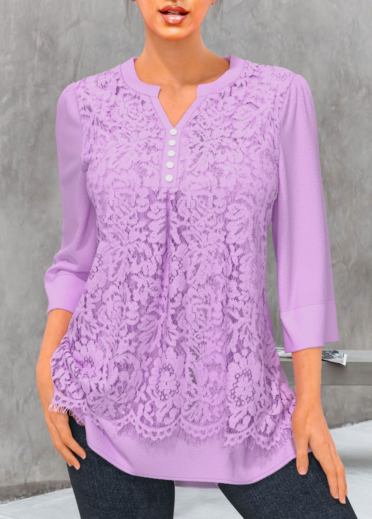 Light Purple Lace Stitching Split Neck Blouse